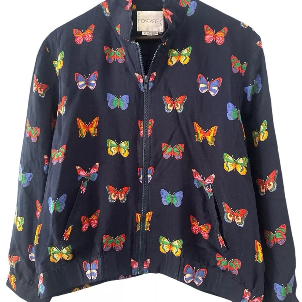 Doncaster Blue Raincoat with Vibrant Butterfly Pattern